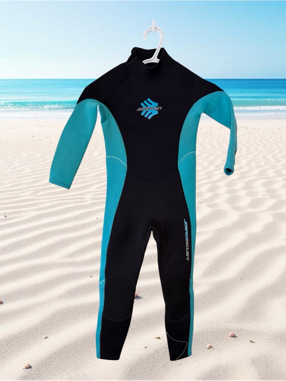Kids Black & Teal Full-Body Wetsuit - Youth Swim Gear size 7-8